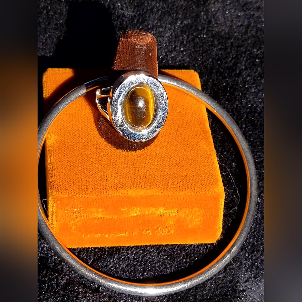 Silver tone bangle and Ring with genuine Tigereye stone